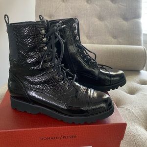 Gently used Donald Pliner black Crinkle patent leather boots size 6 w/box
